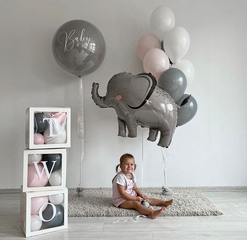 Baby Birthday Party Setup — Letter Boxes & Elephant
