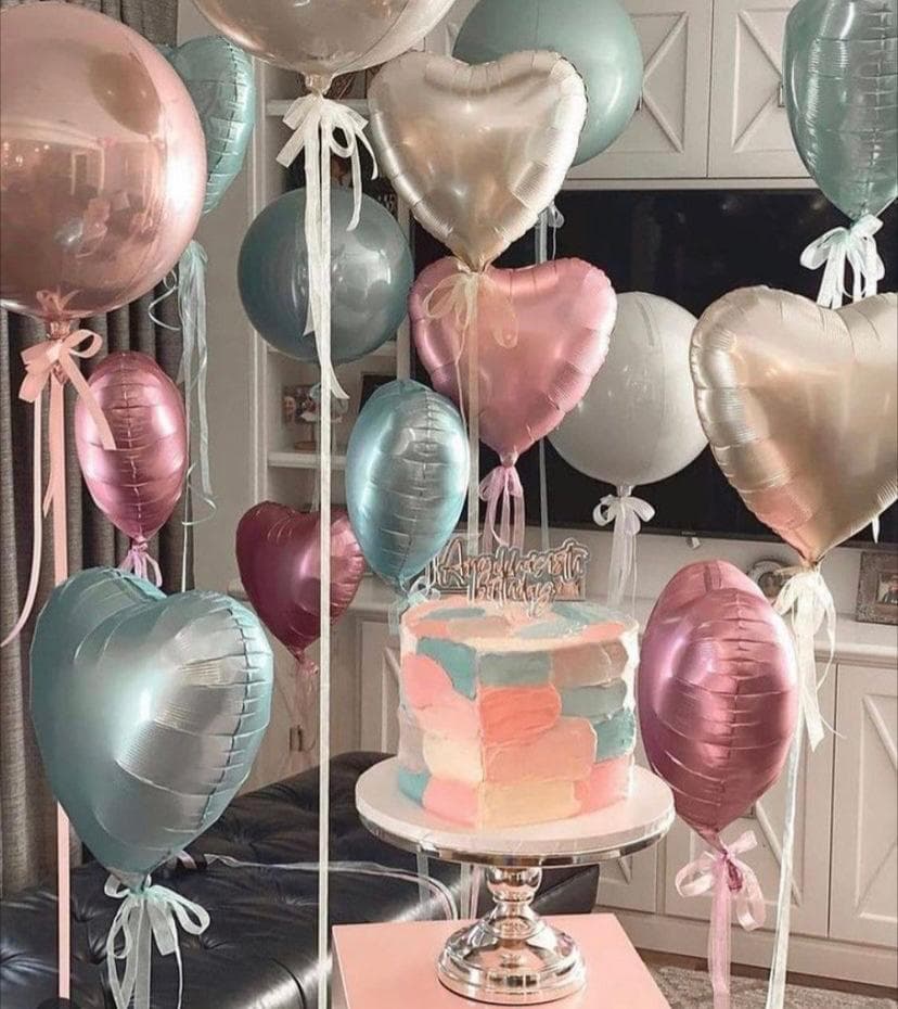 Birthday Table Balloon Decoration — Pastel Hearts & Cake